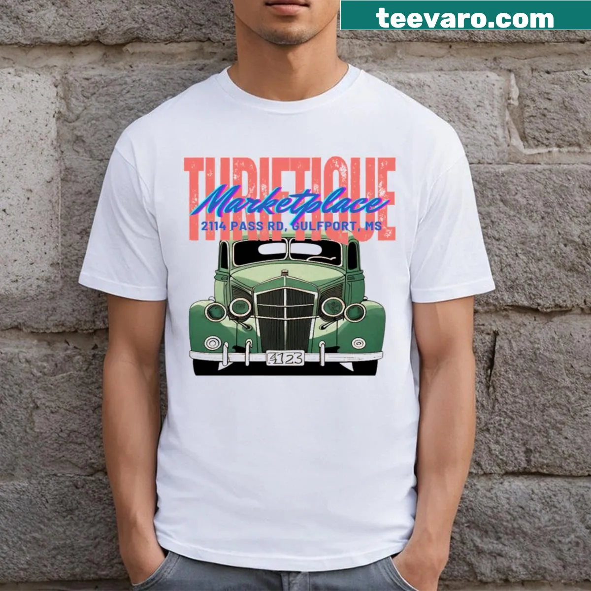 Vintage-style t-shirt celebrating thrift shopping with Thriftique Marketplace design. — on a men's t-shirt