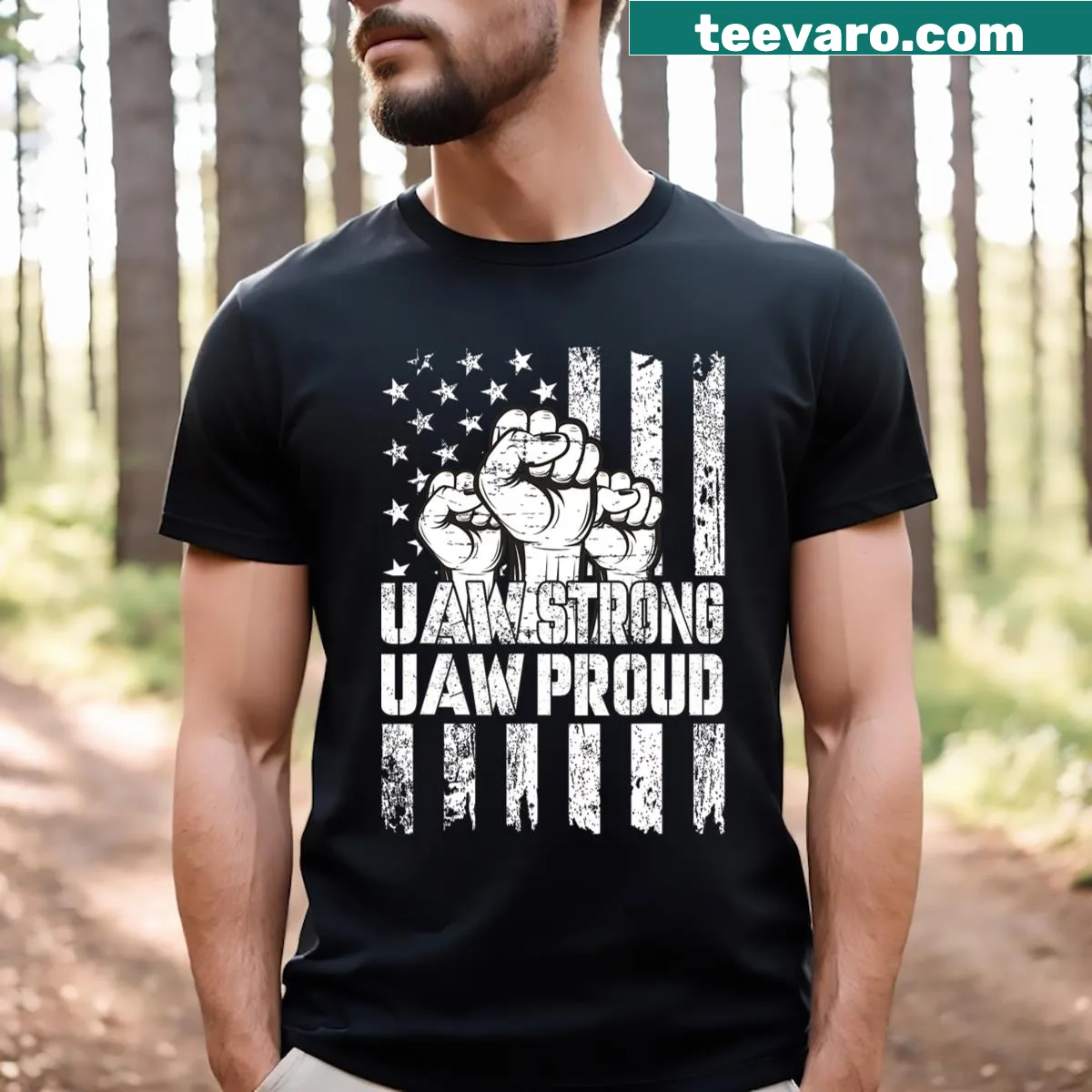 Bold typography UAW Proud Union t-shirt supporting labor rights — on a men's t-shirt