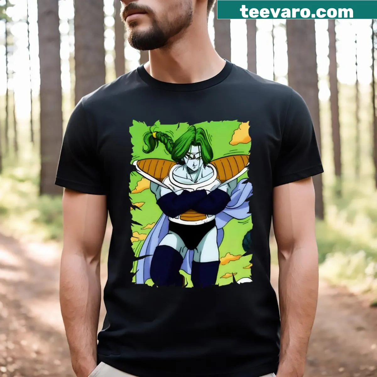 Zarbon anime merchandise t-shirt featuring the character in playful illustration — on a men's t-shirt