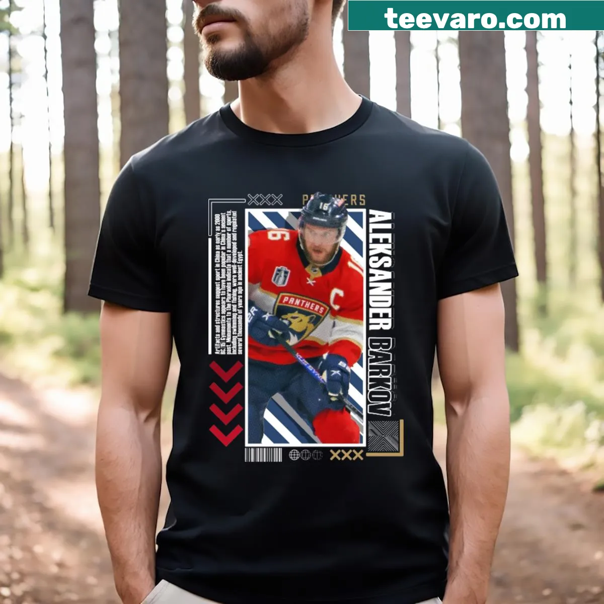 Aleksander Barkov Panthers t-shirt with paper poster style — on a men's t-shirt