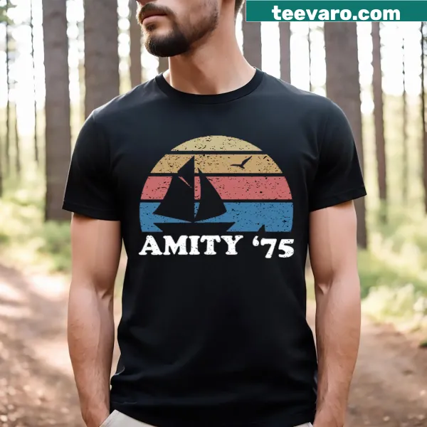 Illustrative T-shirt inspired by Amity Beach and Jaws movie.