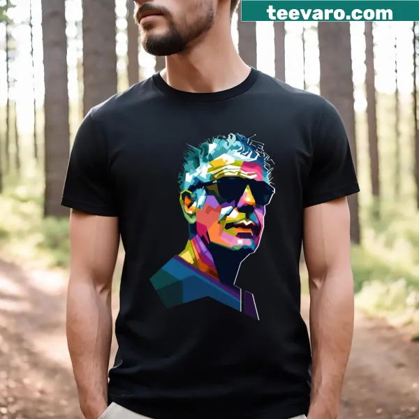 WPAP-style graphic of Anthony Bourdain on a t-shirt.