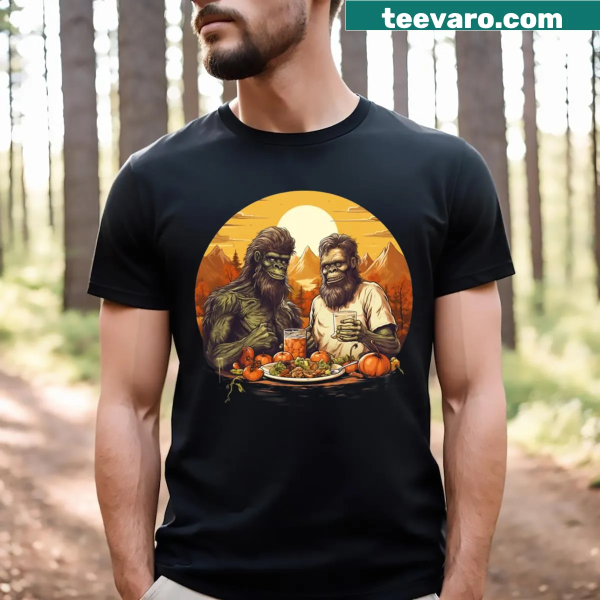 Funny Bigfoot Thanksgiving t-shirt with whimsical Sasquatch graphics — on a men's t-shirt