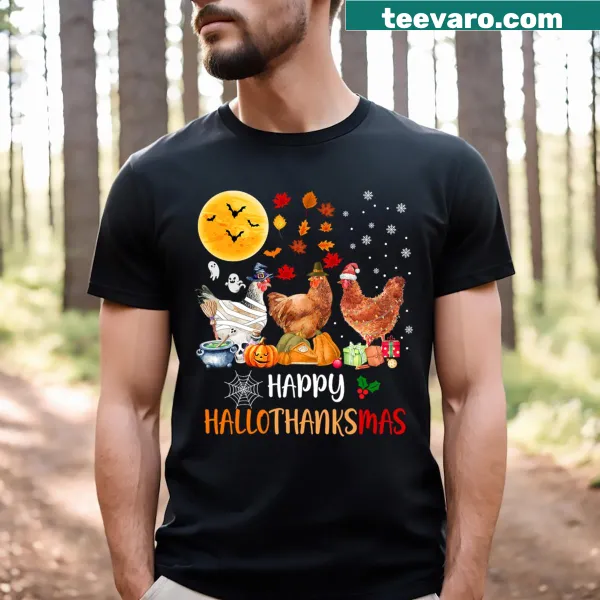 Illustration of happy chickens and autumn leaves for Hallothanksmas