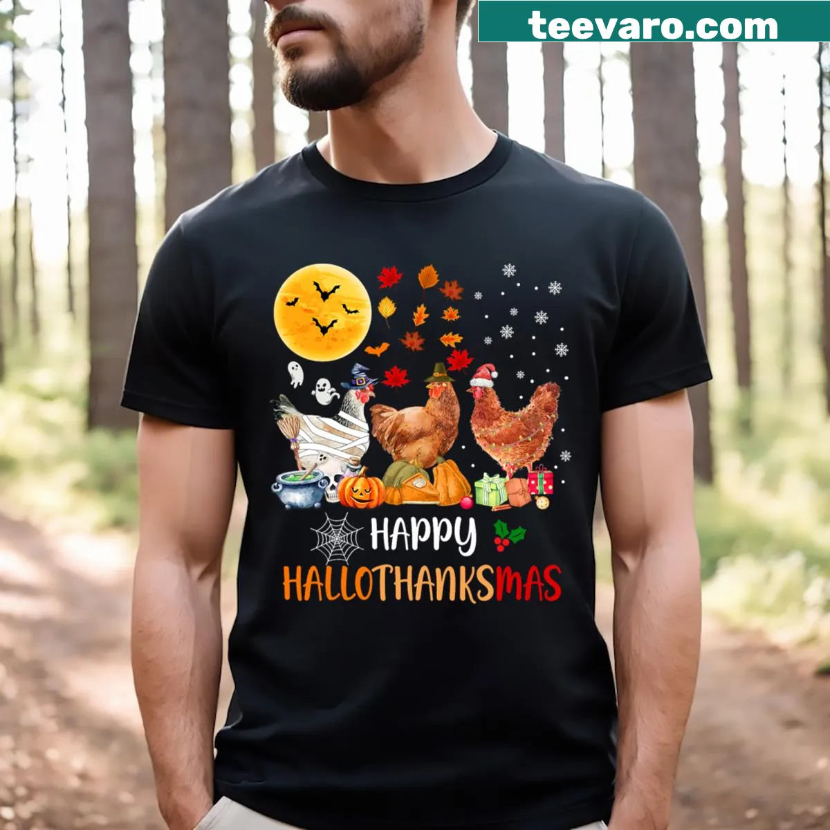 Illustration of happy chickens and autumn leaves for Hallothanksmas — on a men's t-shirt