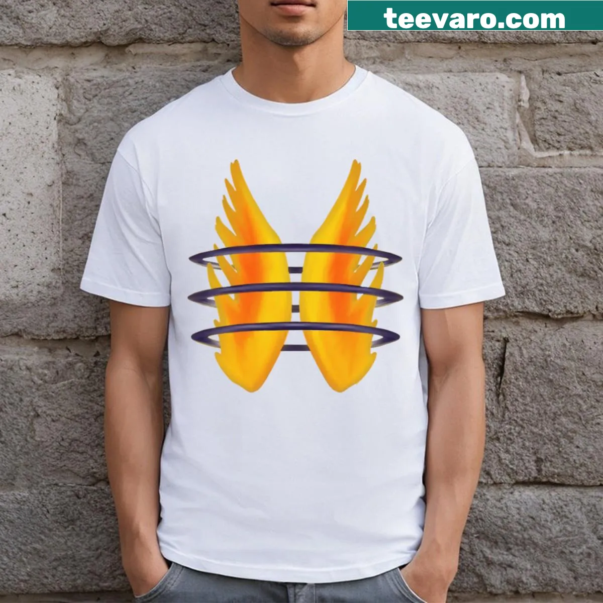Illustrative T-shirt with angel wings and FedEx theme — on a men's t-shirt