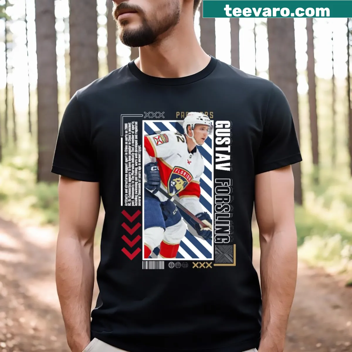 Vintage-style hockey t-shirt featuring Gustav Forsling and Panthers logo — on a men's t-shirt
