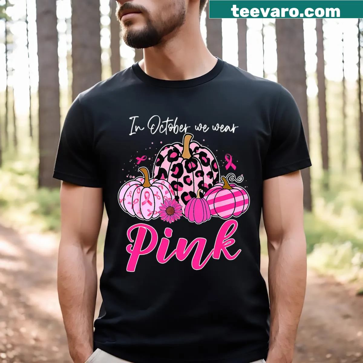 T-shirt with the phrase In October We Wear Pink and pumpkin illustration — on a men's t-shirt