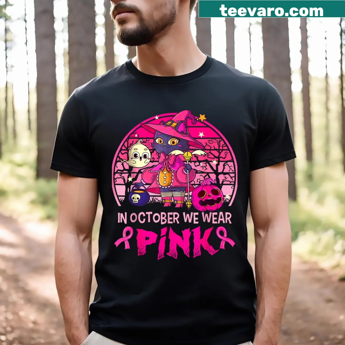 Illustrated shirt with a pink witch cat for breast cancer awareness — on a men's t-shirt