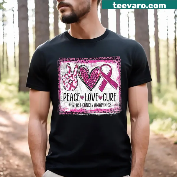 Pink ribbon graphic with Peace Love Cure text for cancer awareness