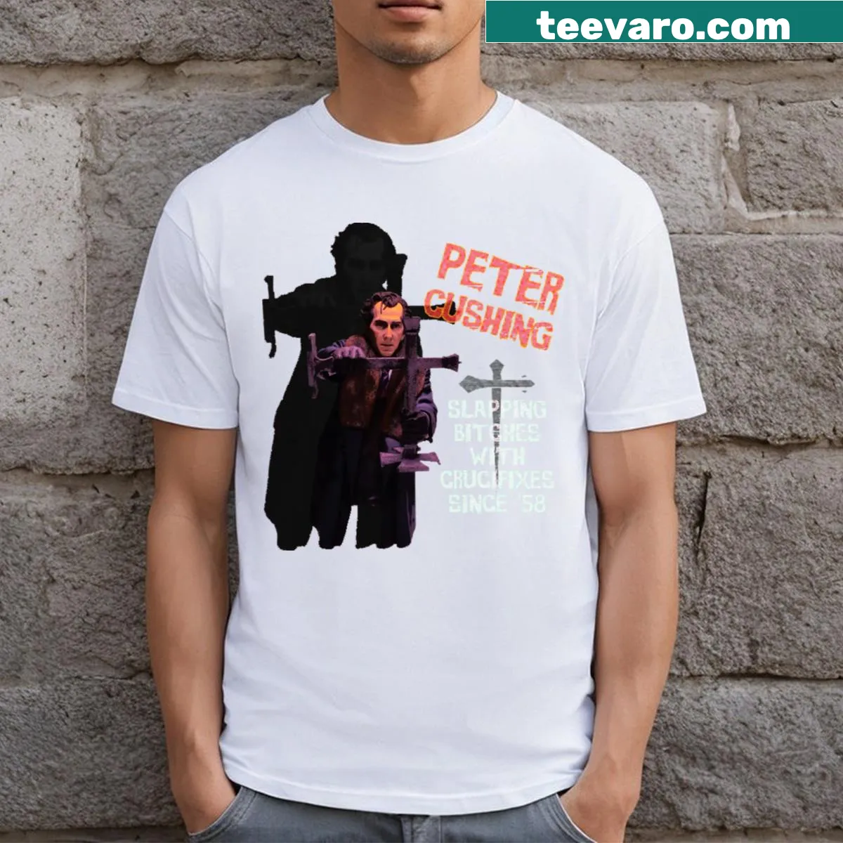 Tribute t-shirt featuring Peter Cushing with classic design elements — on a men's t-shirt