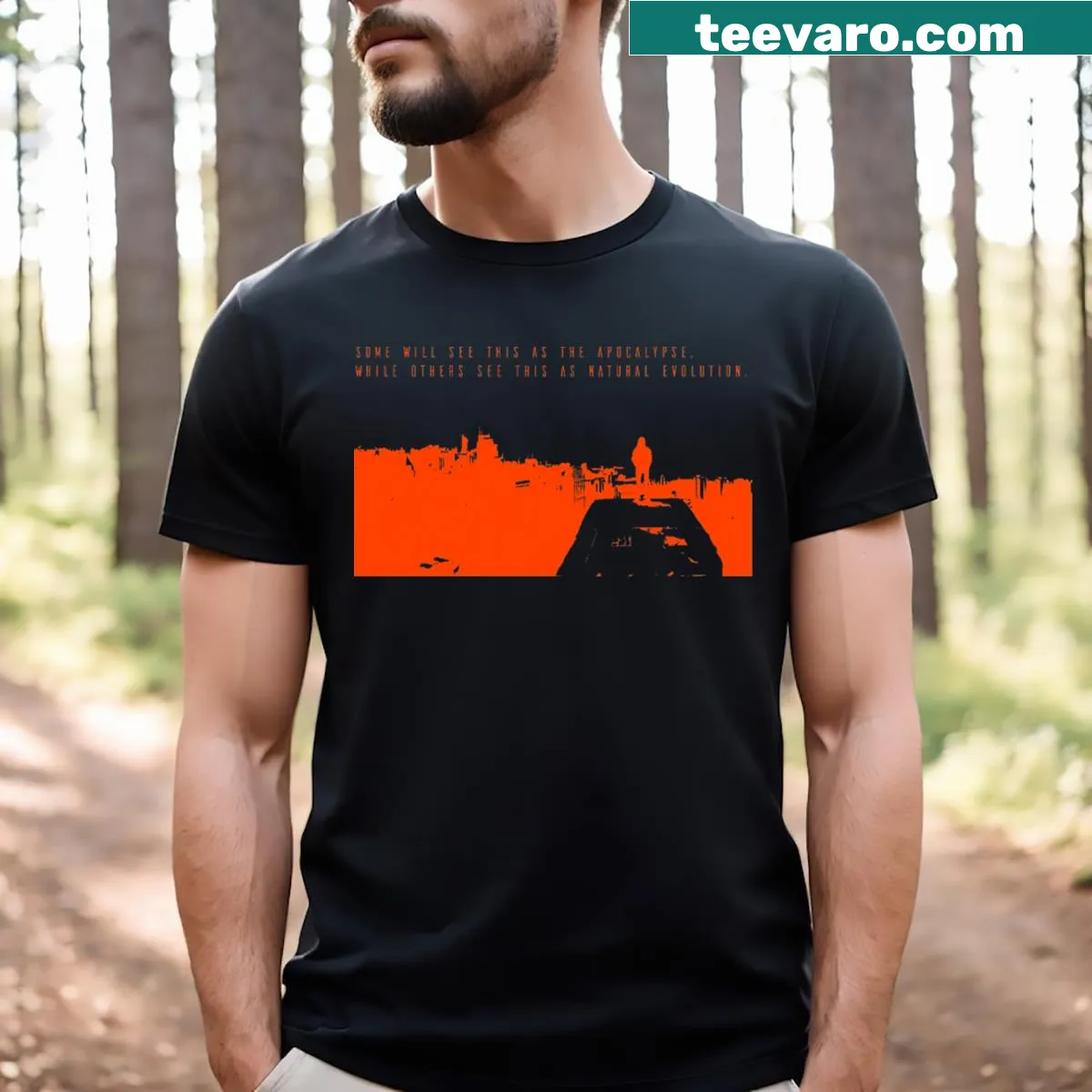 Playful apocalypse-themed Halloween t-shirt — on a men's t-shirt