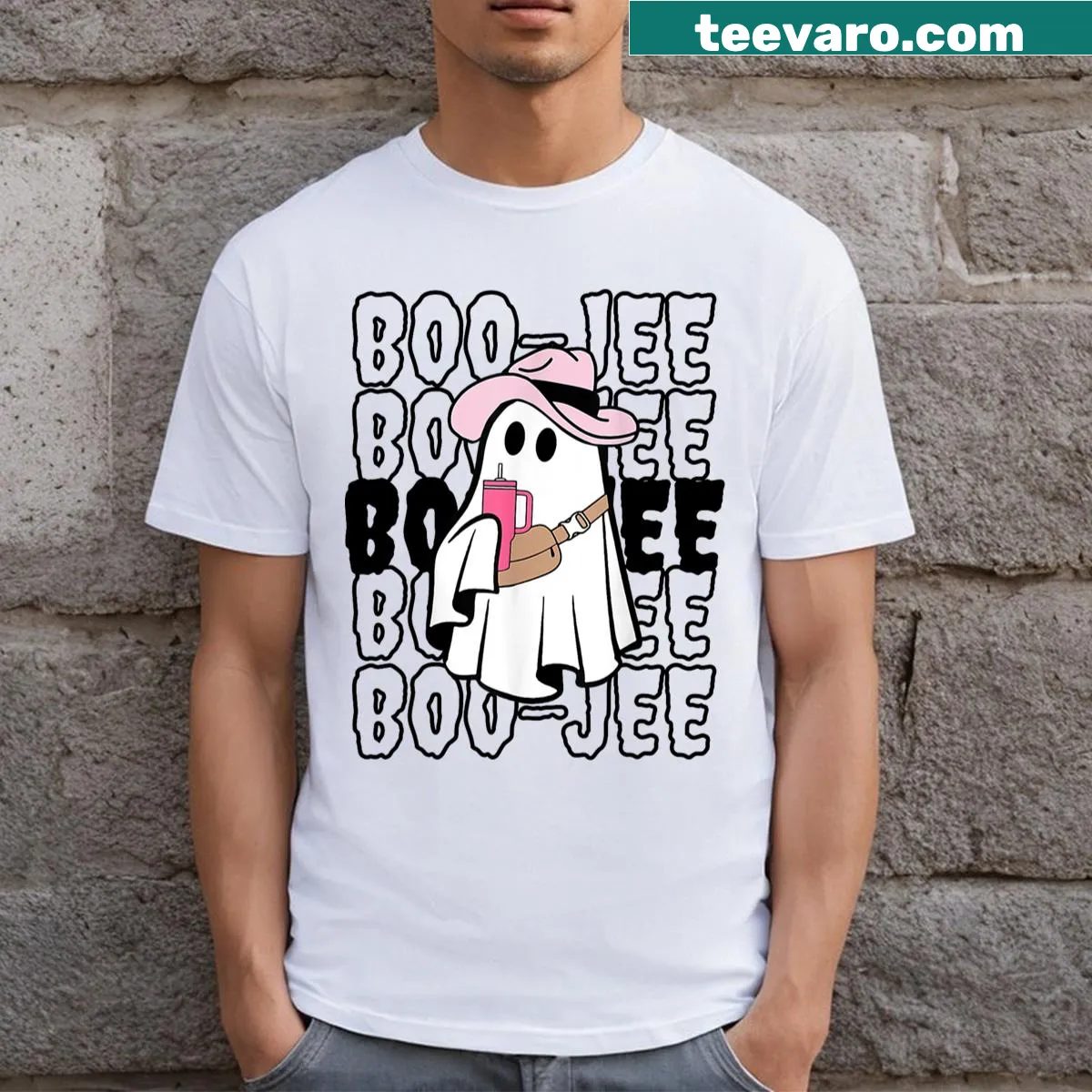 Cute ghost design tee for Halloween with 'Boujee Boo Jee' text — on a men's t-shirt