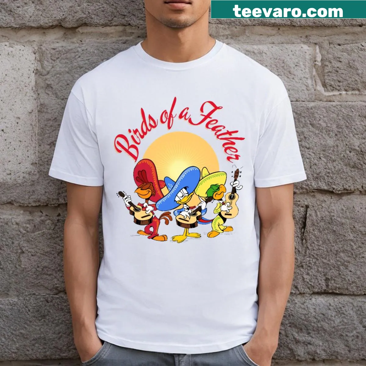 Cartoon design of three birds on a T-shirt — on a men's t-shirt