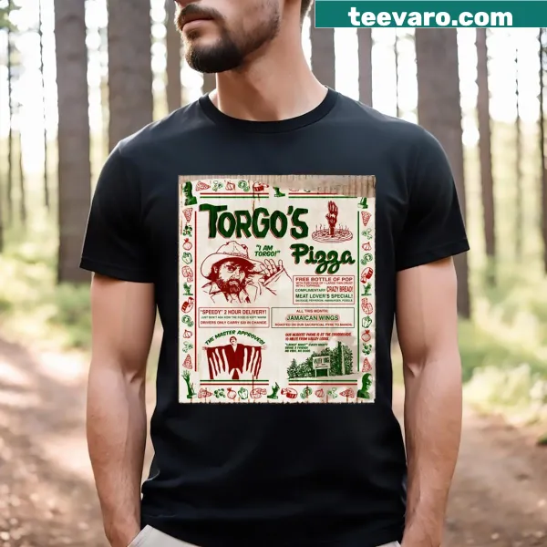 Illustrative Torgo's Pizza t-shirt with pizza graphics