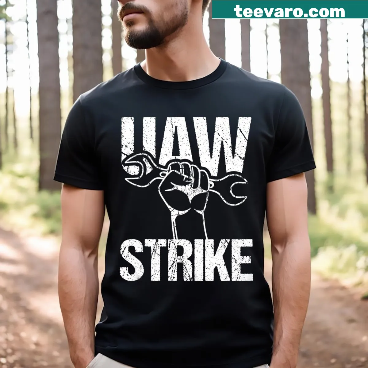UAW strike themed t-shirt with picket sign design — on a men's t-shirt