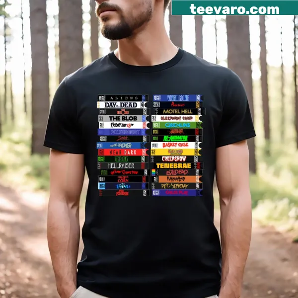 Vintage-style t-shirt featuring stacks of VHS horror movies