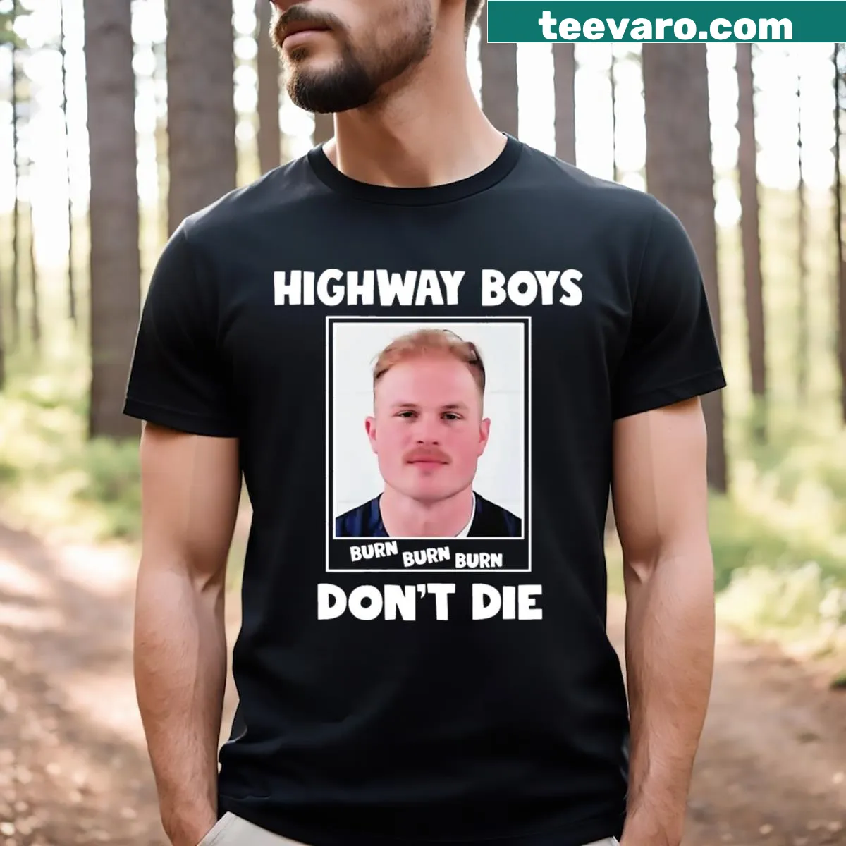 Illustrative T-shirt featuring 'Burn Don't Die' text and highway theme — on a men's t-shirt
