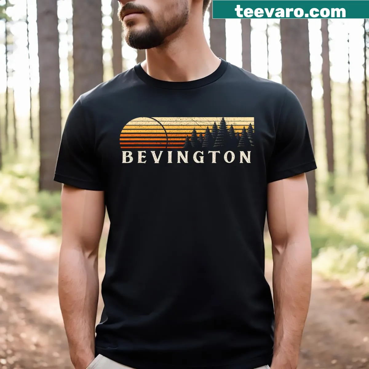 Vintage-style t-shirt featuring Bevington IA and an evergreen sunset — on a men's t-shirt