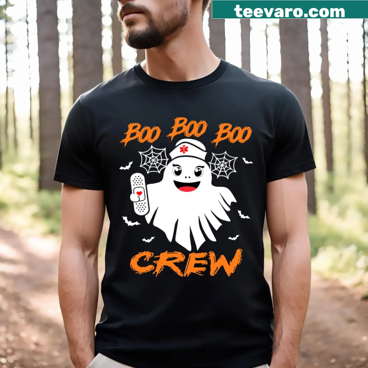 Funny Halloween t-shirt for nurses with 'Boo Boo Crew' text — on a men's t-shirt