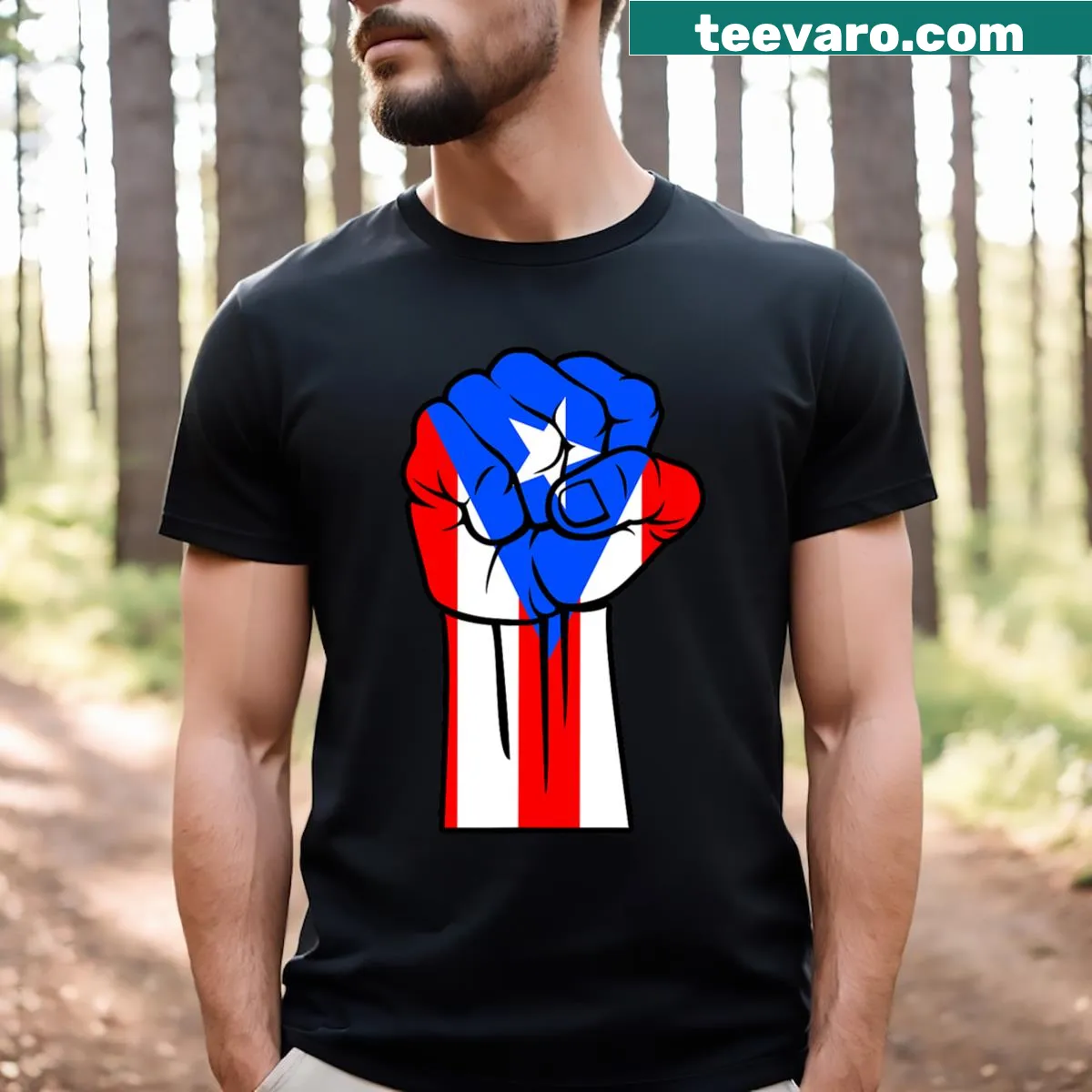 Puerto Rican fist holding a flag emblem on a t-shirt — on a men's t-shirt