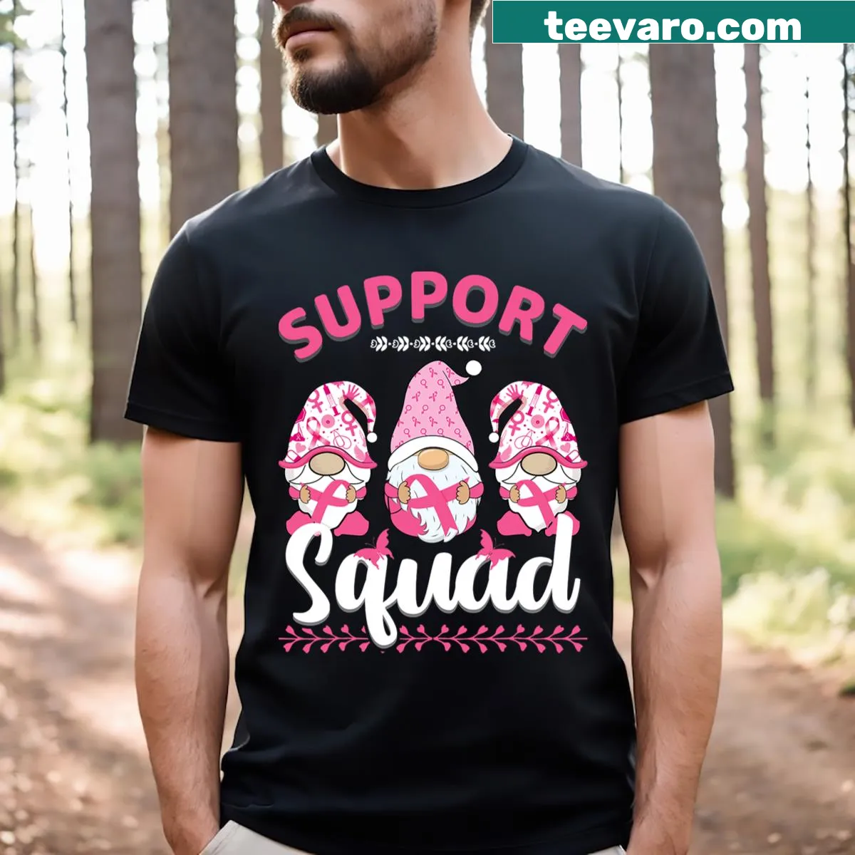 Whimsical t-shirt featuring gnomes and breast cancer awareness message — on a men's t-shirt