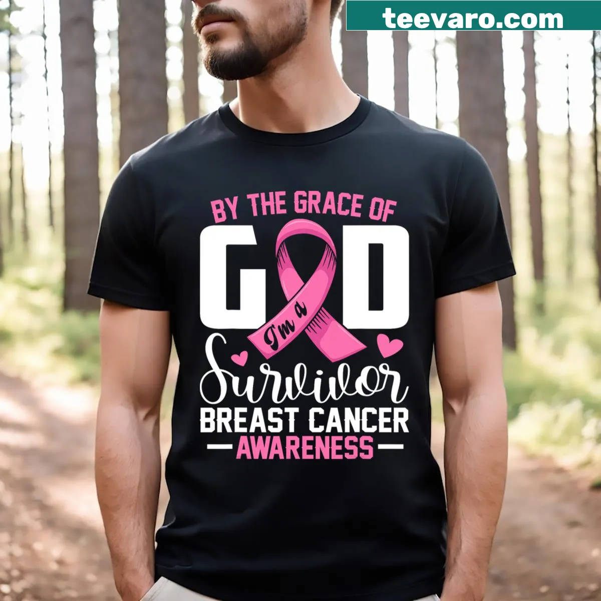 Inspirational breast cancer survivor text on T-shirt — on a men's t-shirt