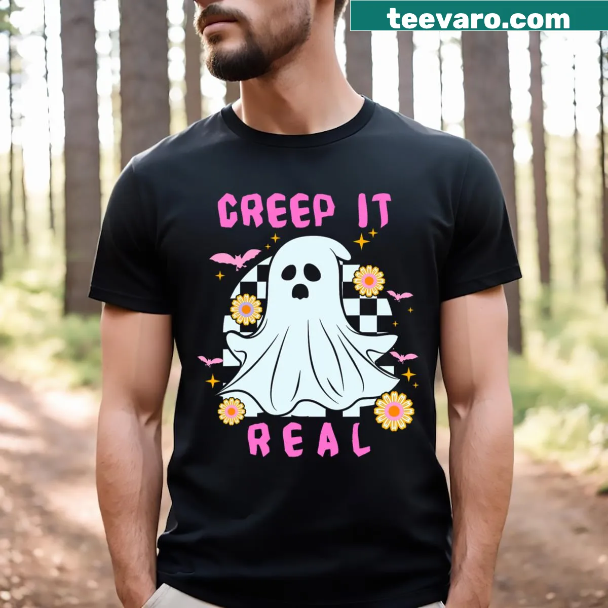 Retro-style Halloween shirt with Creep It Real text in playful font — on a men's t-shirt
