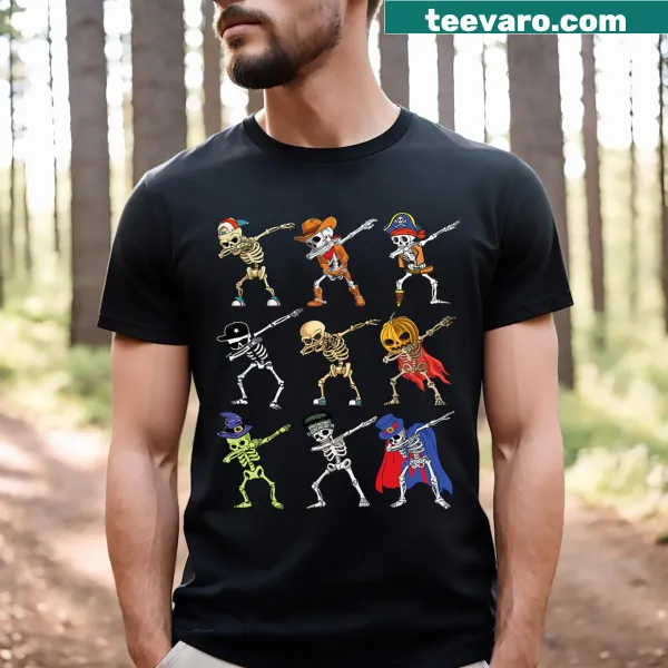 Dabbing skeleton graphic for Halloween on a T-shirt