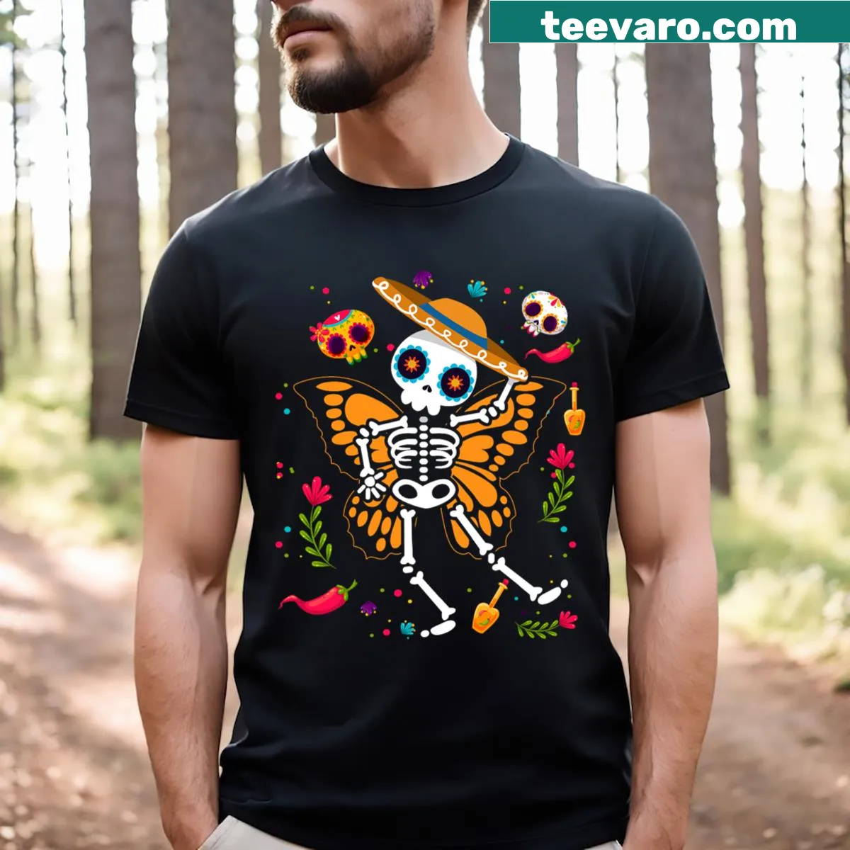 Sugar skull and monarch butterfly design for Día de los Muertos — on a men's t-shirt