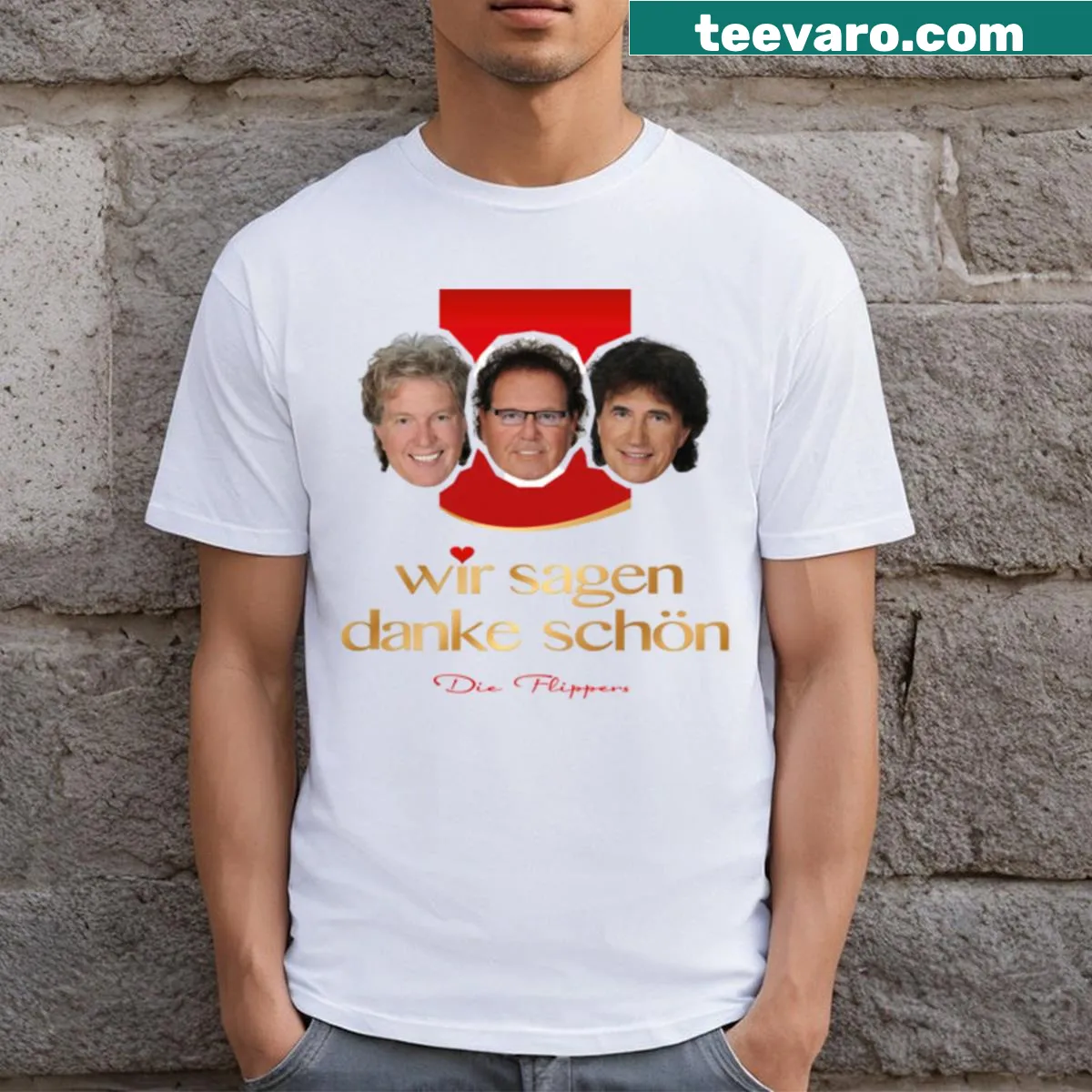 Tribute to Die Flippers with Wir Sagen Danke text on T-shirt — on a men's t-shirt