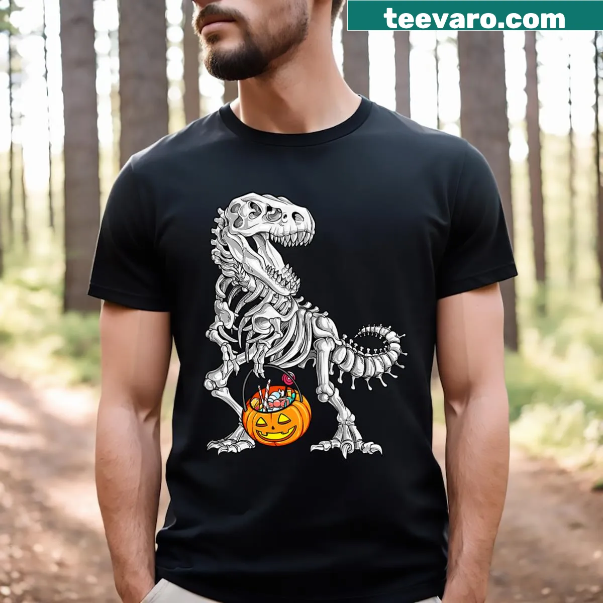 Cartoon T-Rex skeleton design for kids' Halloween — on a men's t-shirt