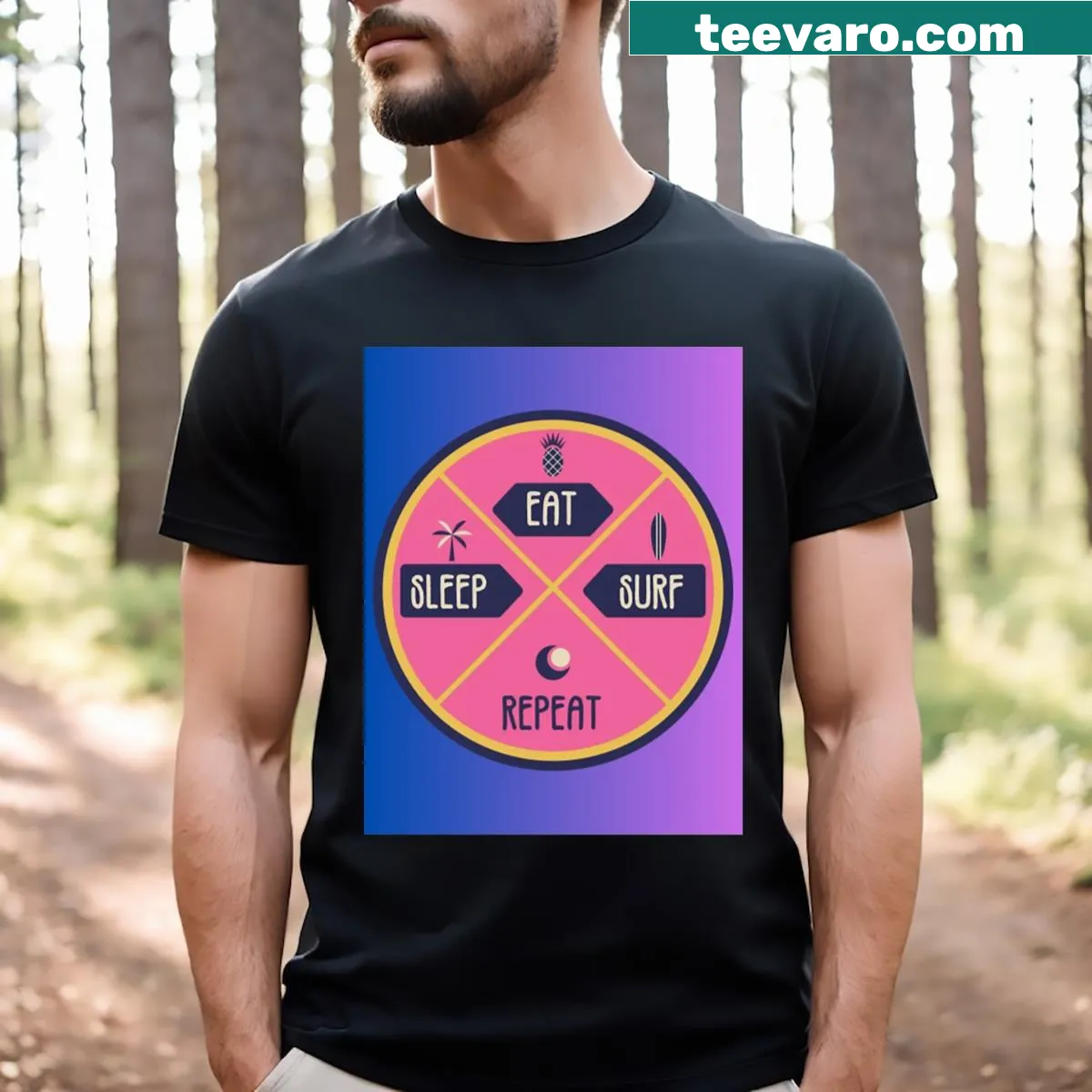 Simple Eat Sleep Surf motto T-shirt with bold text — on a men's t-shirt
