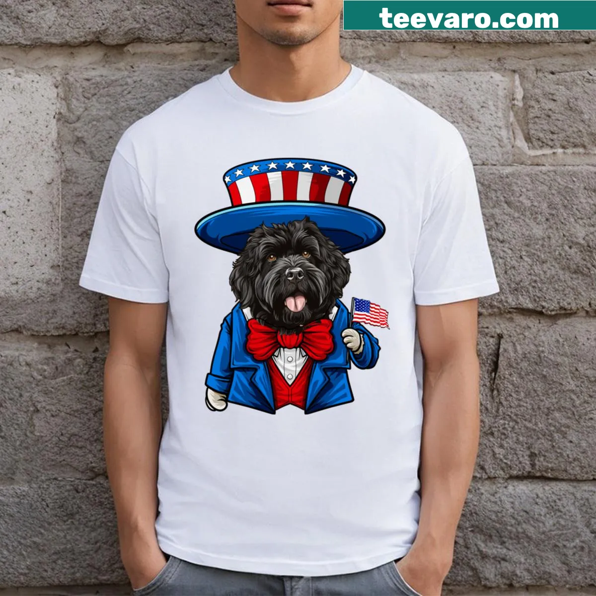 Funny 4th of July T-shirt with a Bouvier Des Flandres illustration — on a men's t-shirt