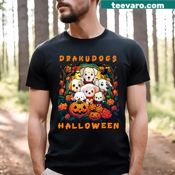 Cute Halloween T-shirt with cartoon drakudogs and pumpkins design