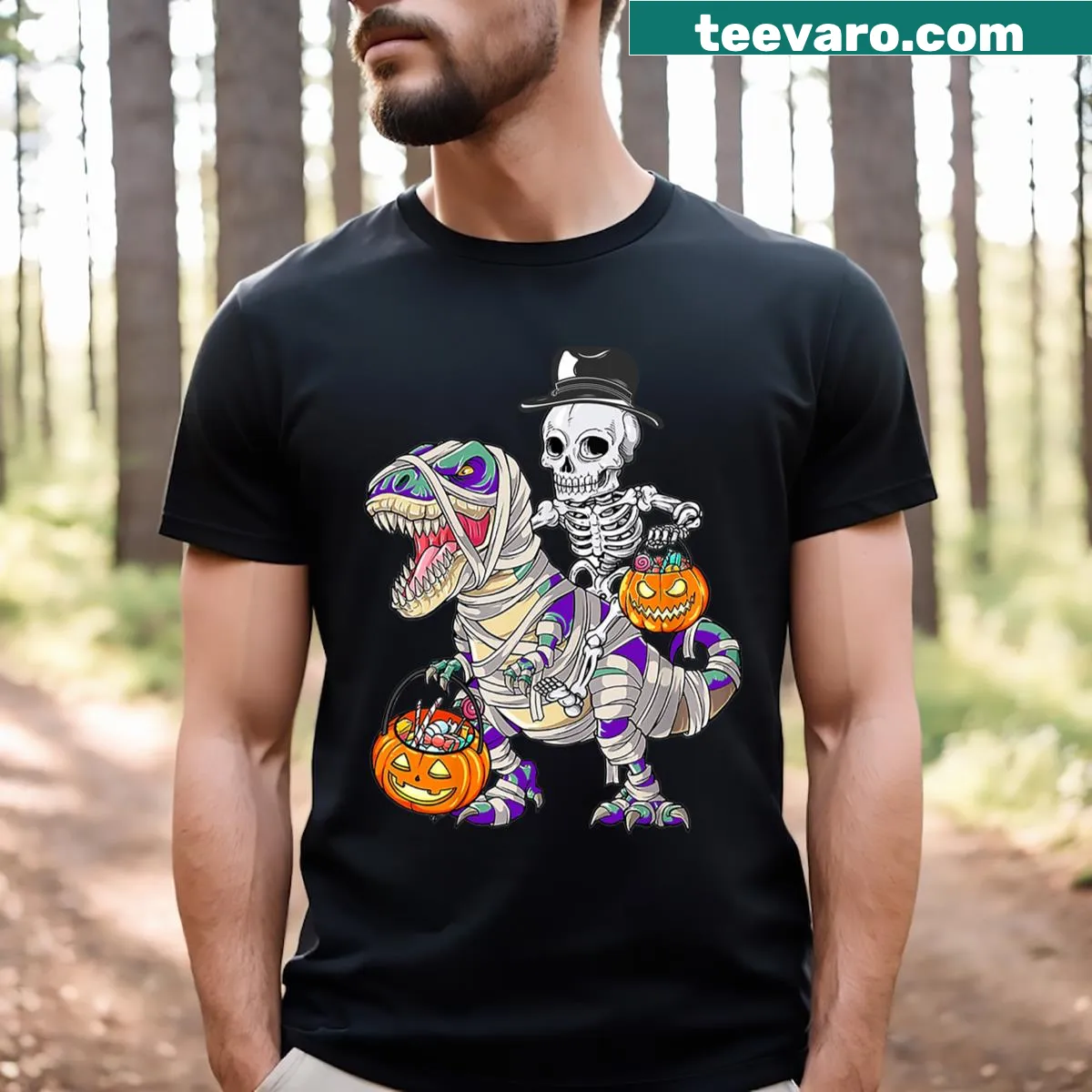 Funny Halloween shirt featuring a dinosaur with pumpkins — on a men's t-shirt
