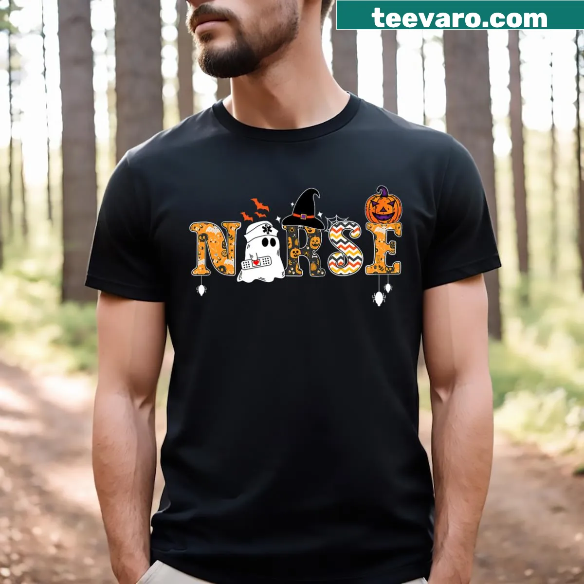 Funny ghost-themed nurse Halloween t-shirt — on a men's t-shirt