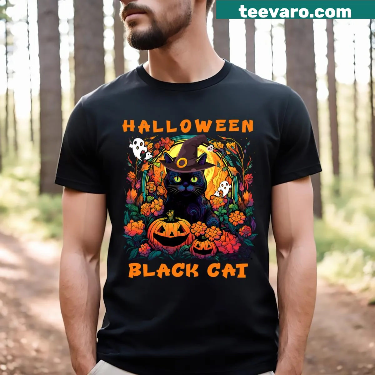 Halloween T-shirt with a cartoon black cat, pumpkins, and spooky designs — on a men's t-shirt