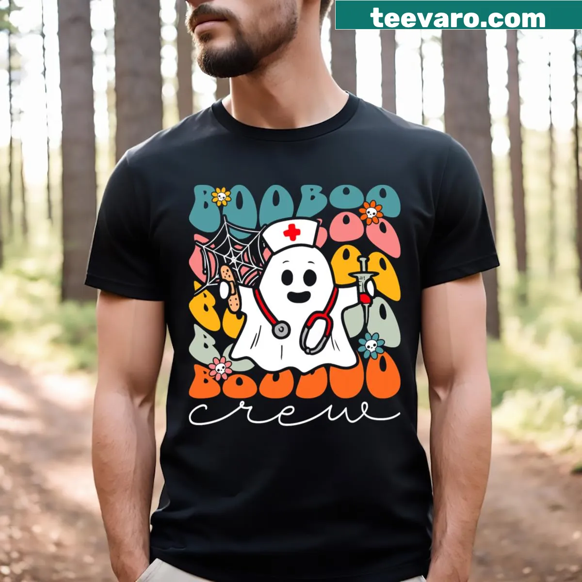 Retro Halloween t-shirt with a ghost design and 'Boo Boo Crew' text — on a men's t-shirt