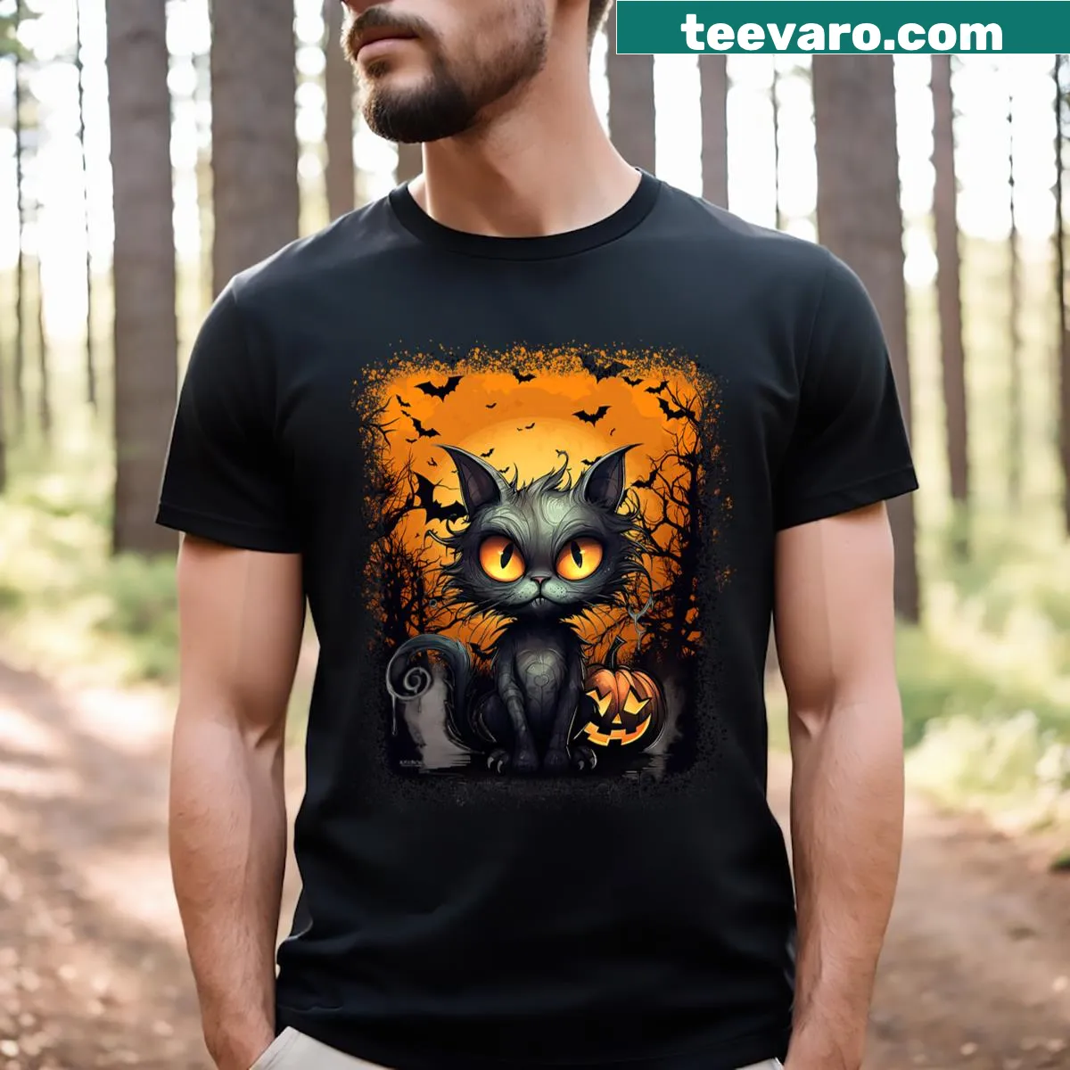 Illustration of Halloween cats in costumes on a humorous t-shirt. — on a men's t-shirt