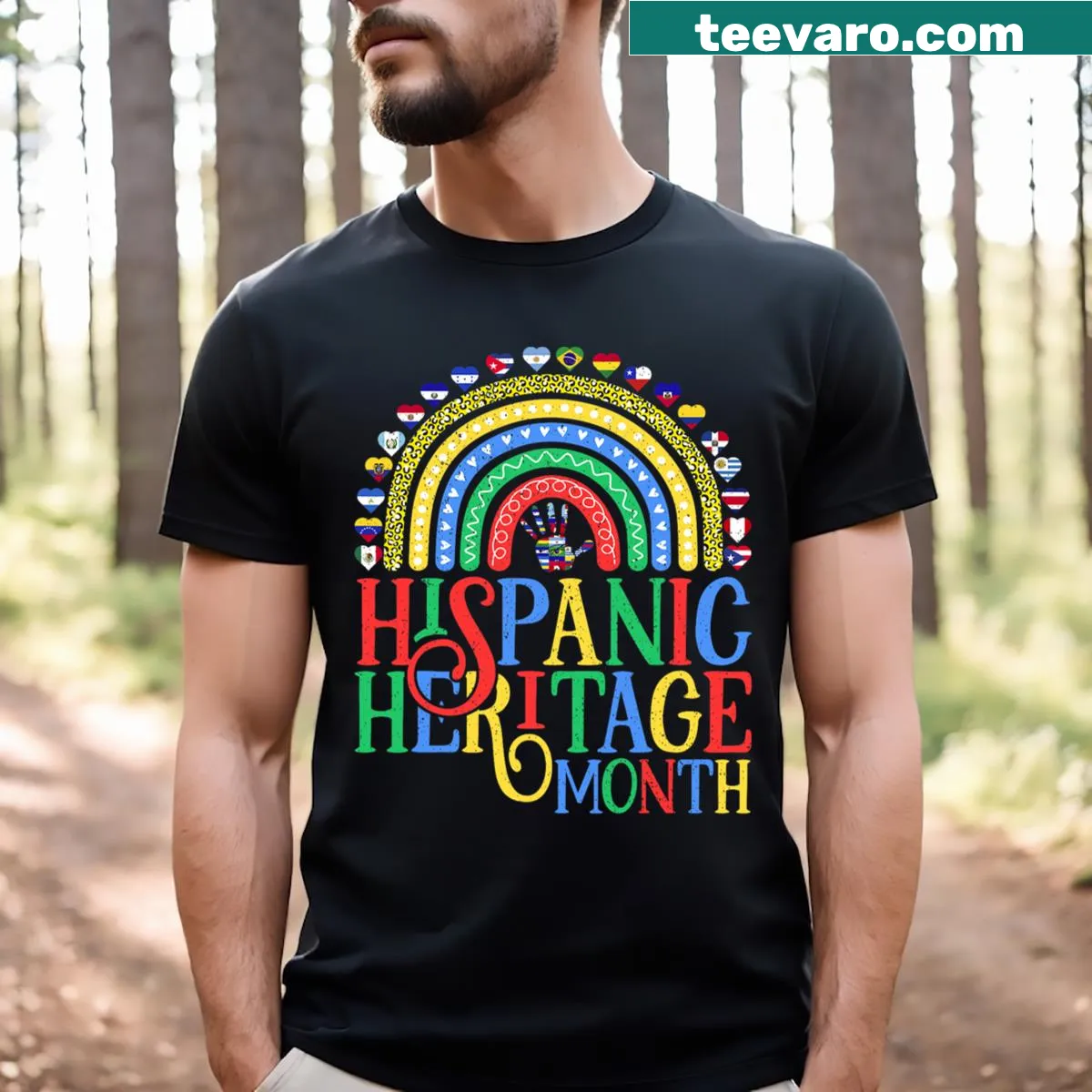 T-shirt celebrating Latino heritage with country names and pride text. — on a men's t-shirt