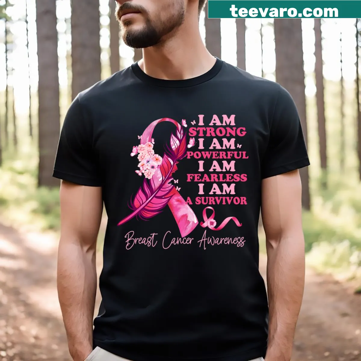 Inspirational T-shirt with a pink ribbon and feathers for breast cancer awareness — on a men's t-shirt