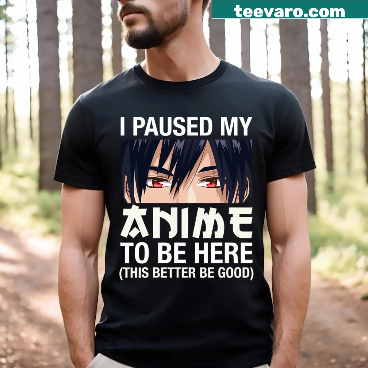 Kawaii anime T-shirt with text about pausing anime — on a men's t-shirt