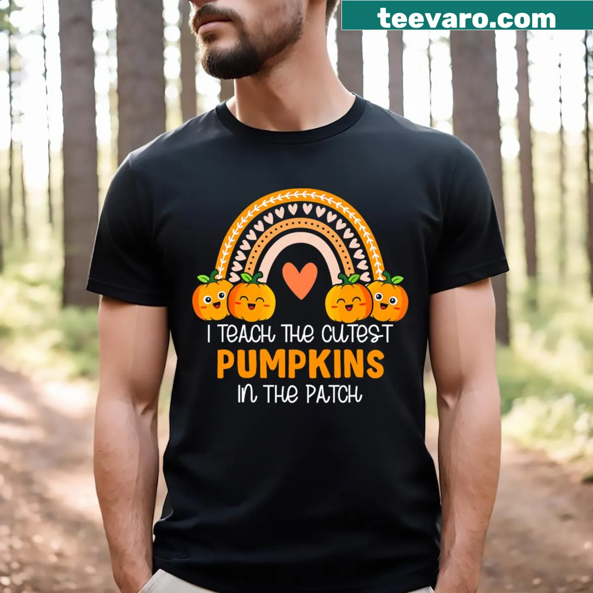 Teacher Halloween T-shirt with cute pumpkin graphic and text — on a men's t-shirt