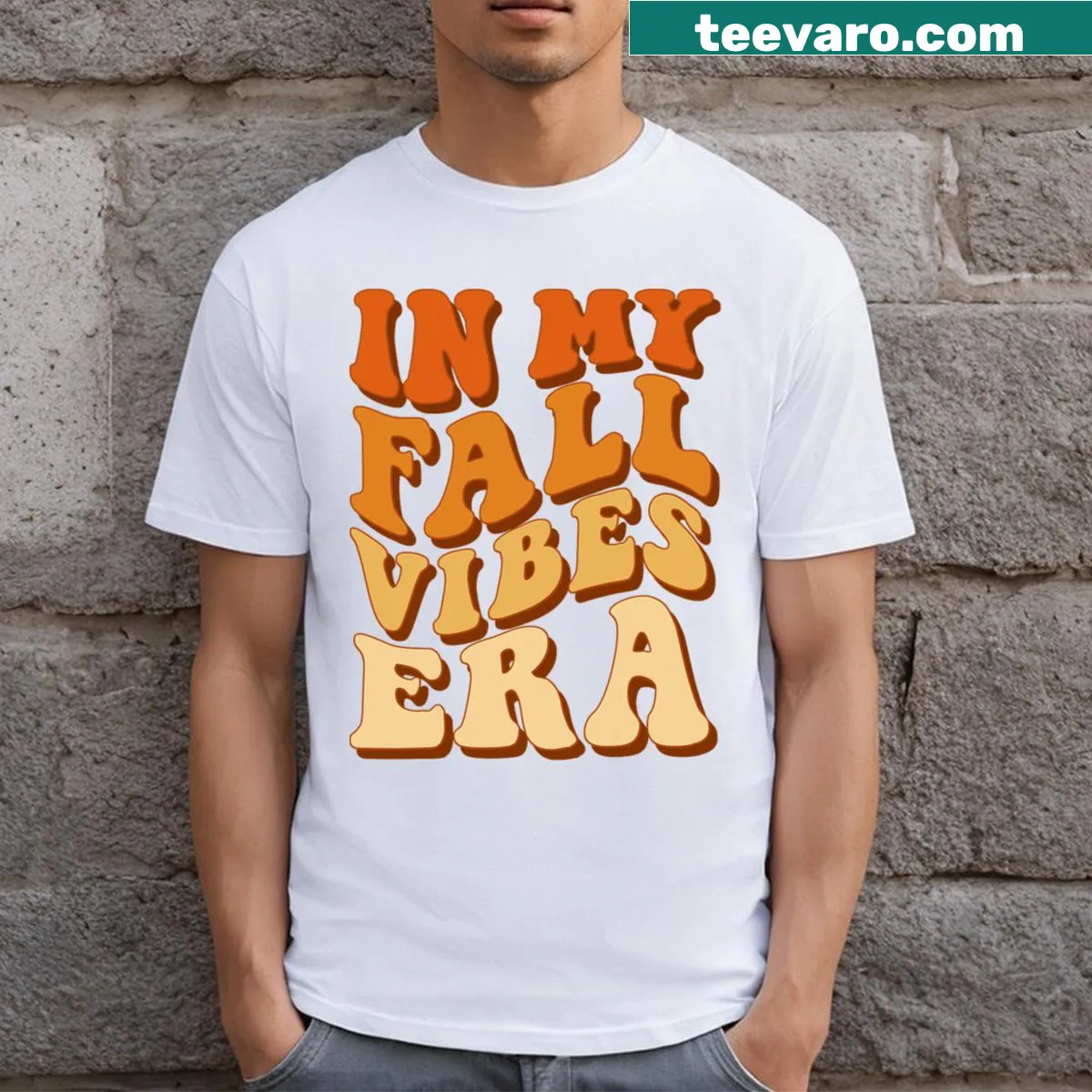Retro autumn-themed t-shirt with groovy fonts and fall graphics — on a men's t-shirt