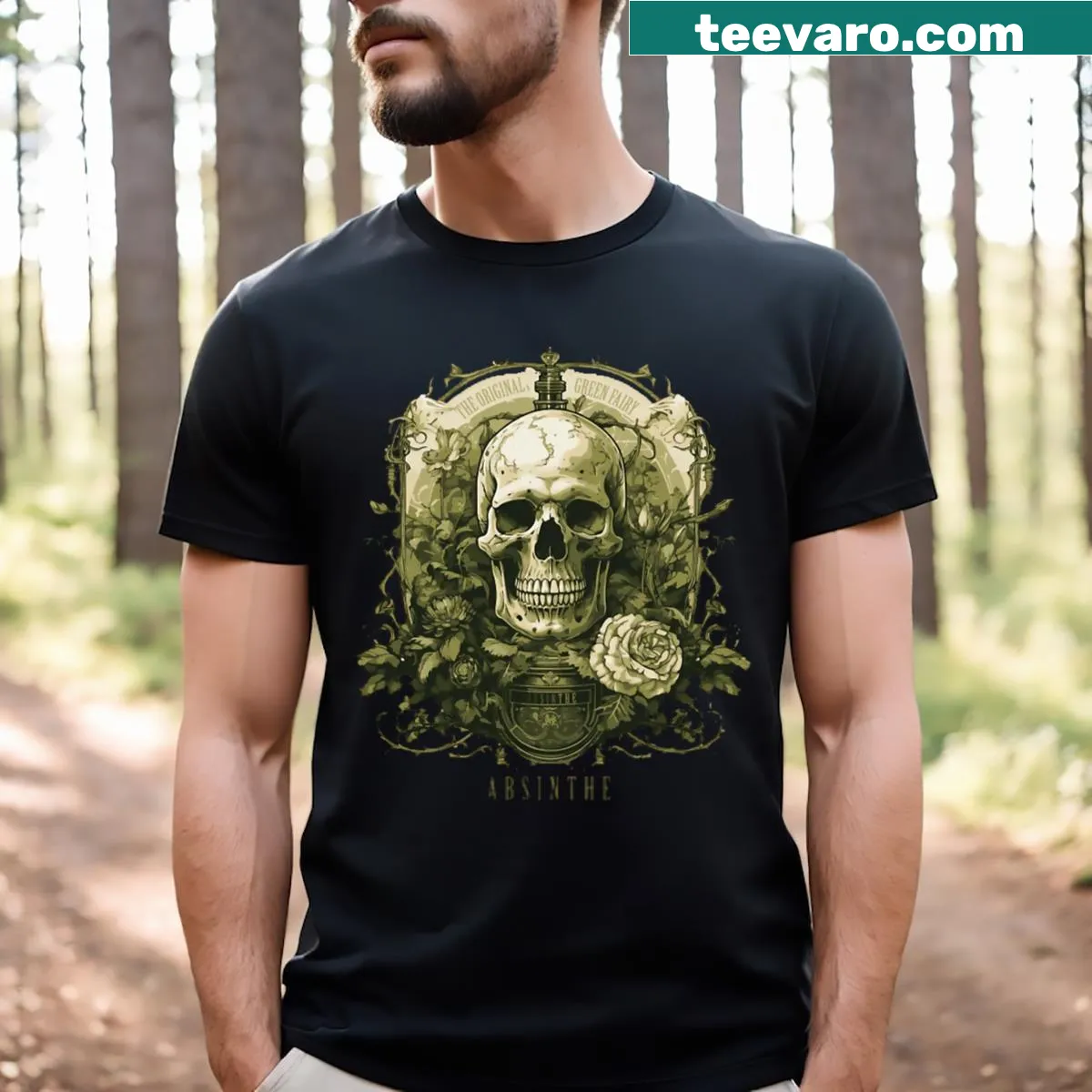 Playful t-shirt featuring whimsical graphics celebrating absinthe. — on a men's t-shirt