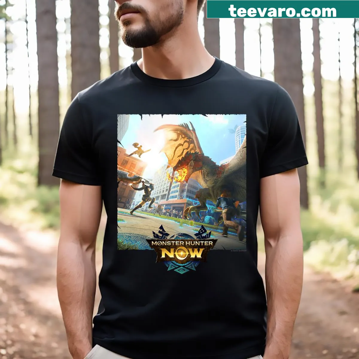 Graphic T-shirt depicting Rathalos from Monster Hunter game — on a men's t-shirt