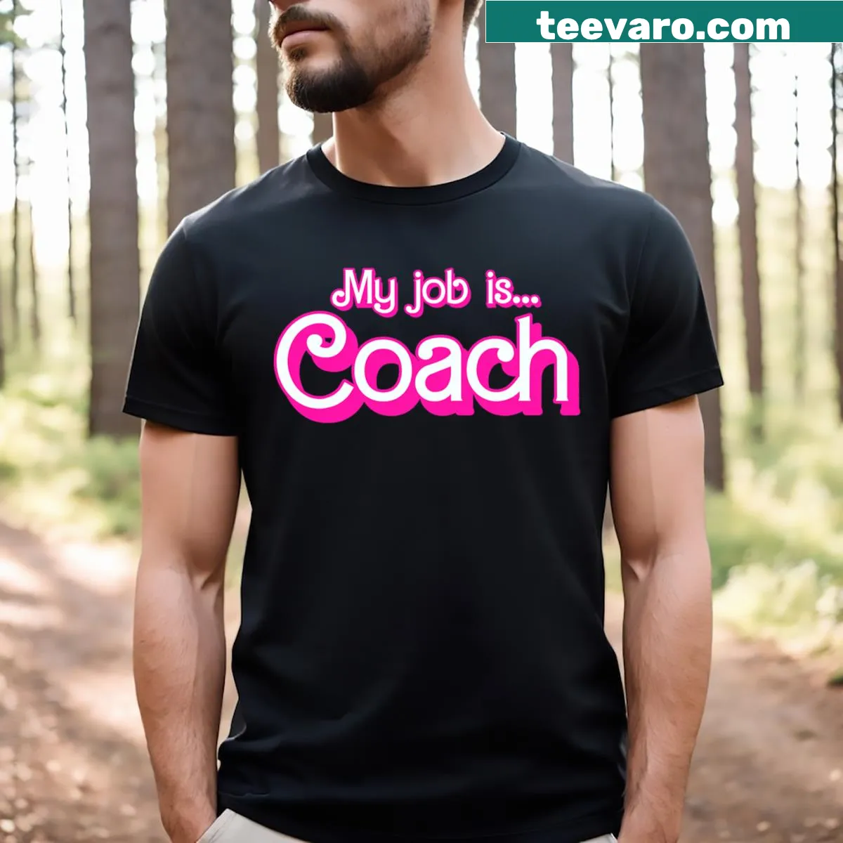 Funny T-shirt with 'My Job Is Coach' text in retro style — on a men's t-shirt