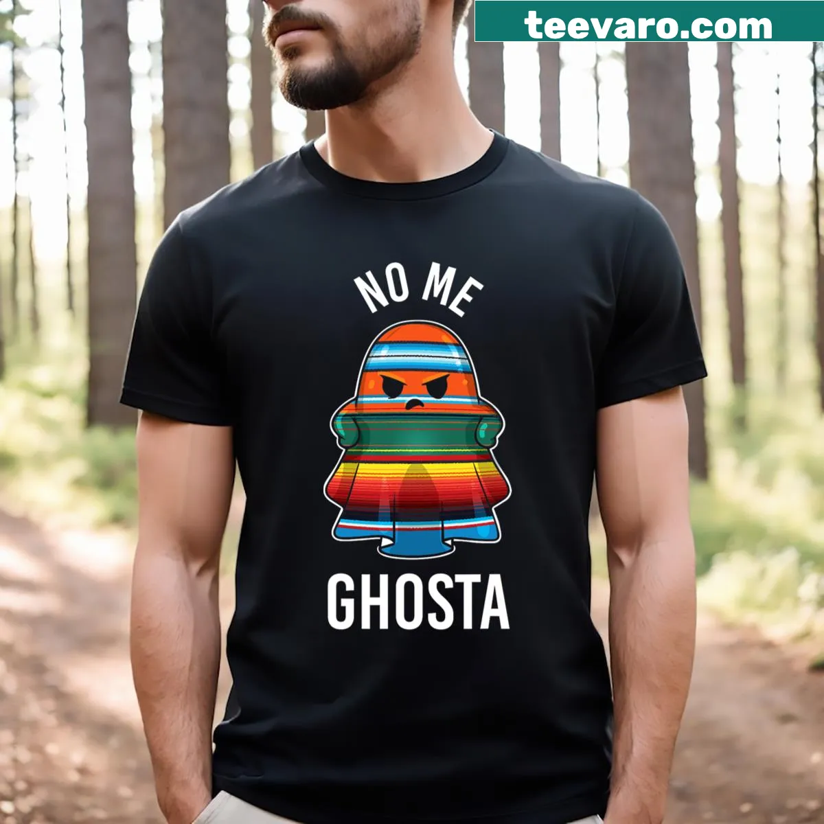 Funny Halloween t-shirt with a ghost graphic and text 'No Me Ghosta' — on a men's t-shirt