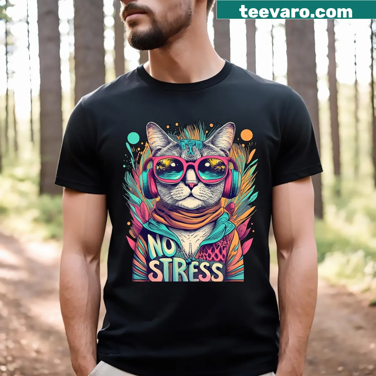 Cute retro cat t-shirt with sunglasses and text: No Stress Cool Cat — on a men's t-shirt
